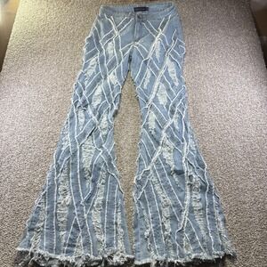 Purple Candy Jeans Women's 30 Blue Light Wash High Rise Flare Fringe Boho Denim